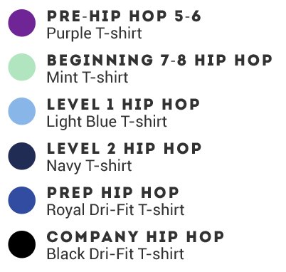 Hip Hop (3+) uniform requirements: Hip Hop Color Guide