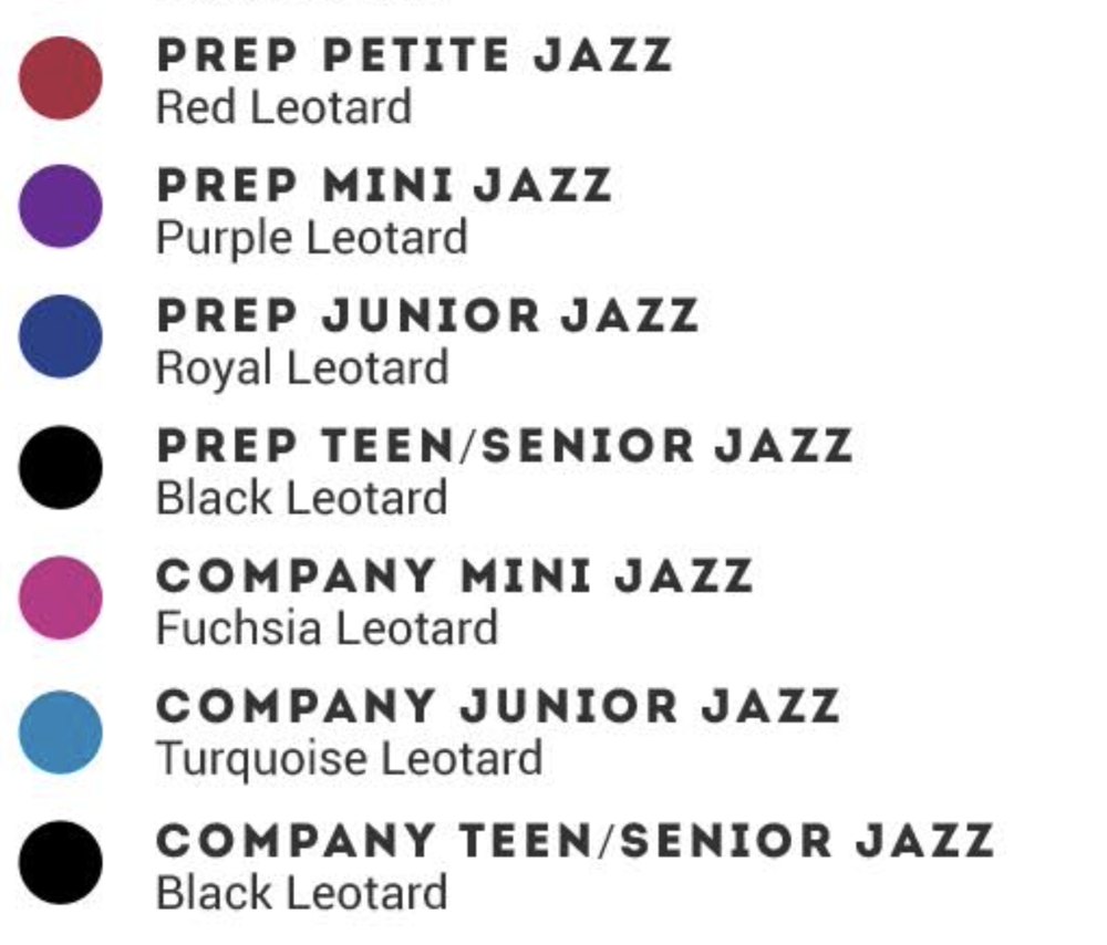 Jazz (5+) uniform requirements: Jazz Leotard Color Guide